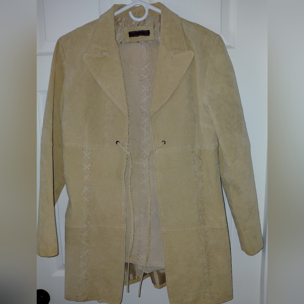 Vintage Tan Suede Jacket N Pant Suit With Lace Detailing